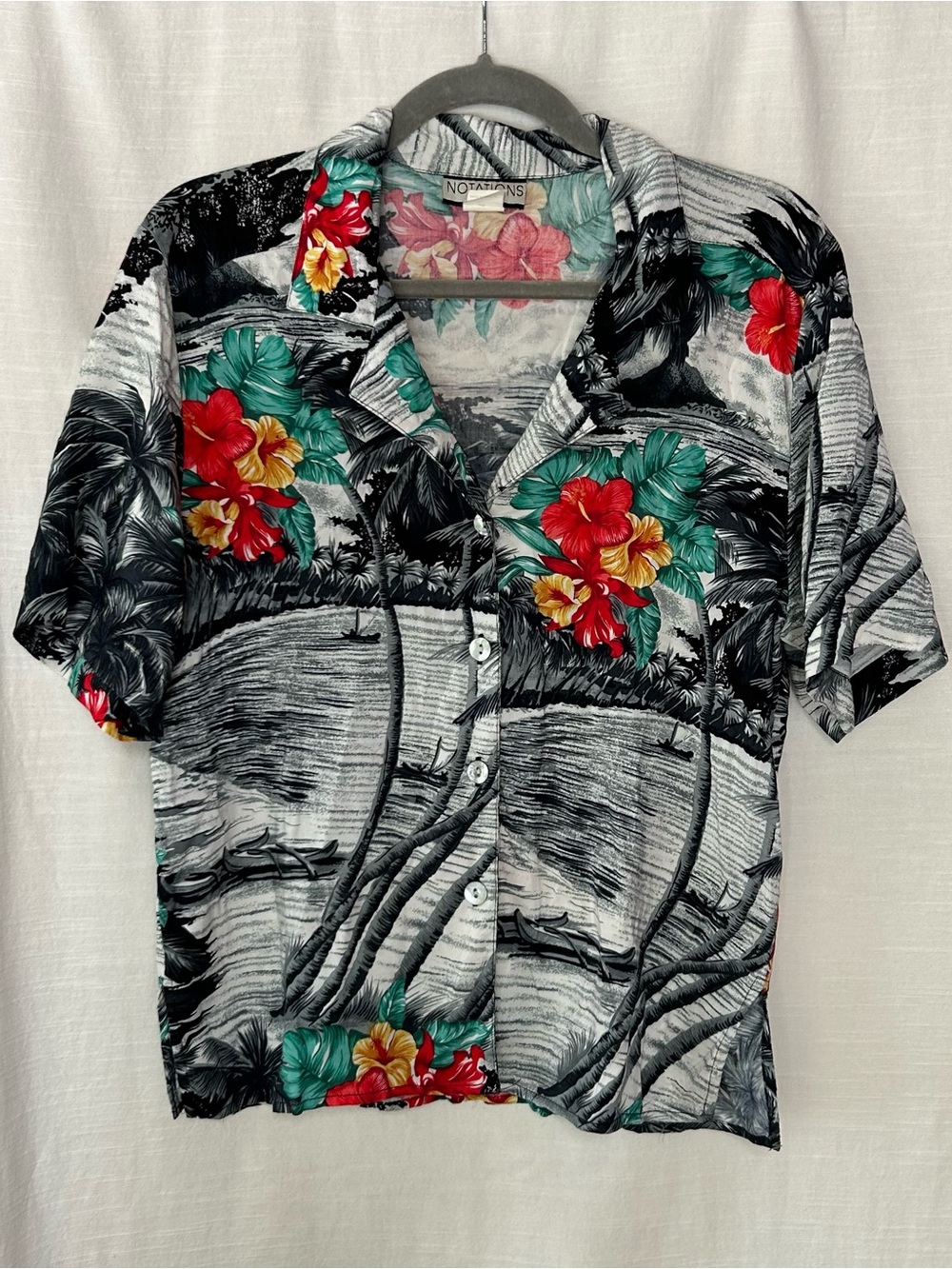 Notations Vintage Black Tropical Floral Camp Shirt‎ with Red and Teal Accents